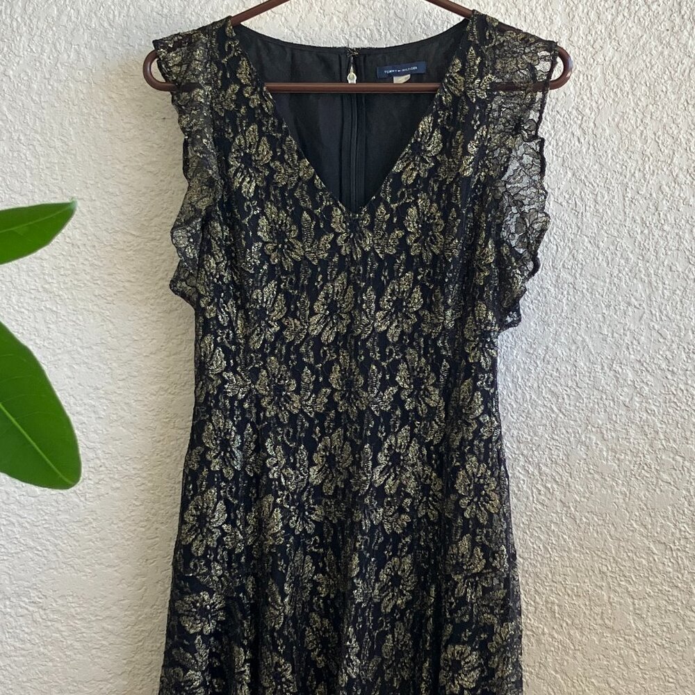 Tommy Hilfiger Black and Gold Knee Length Dress with Flutter Sleeves, Size 8